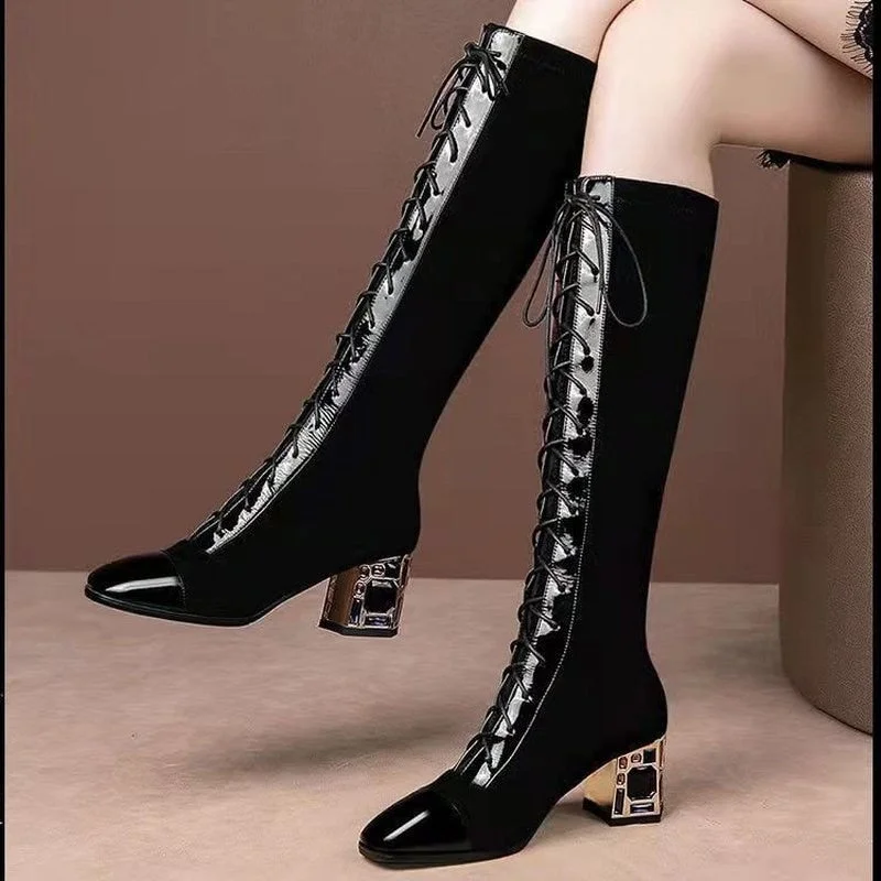 2021 autumn and winter ladies but knee boots knight boots rhinestone square heel women's shoes pointed toe lace fashion boots