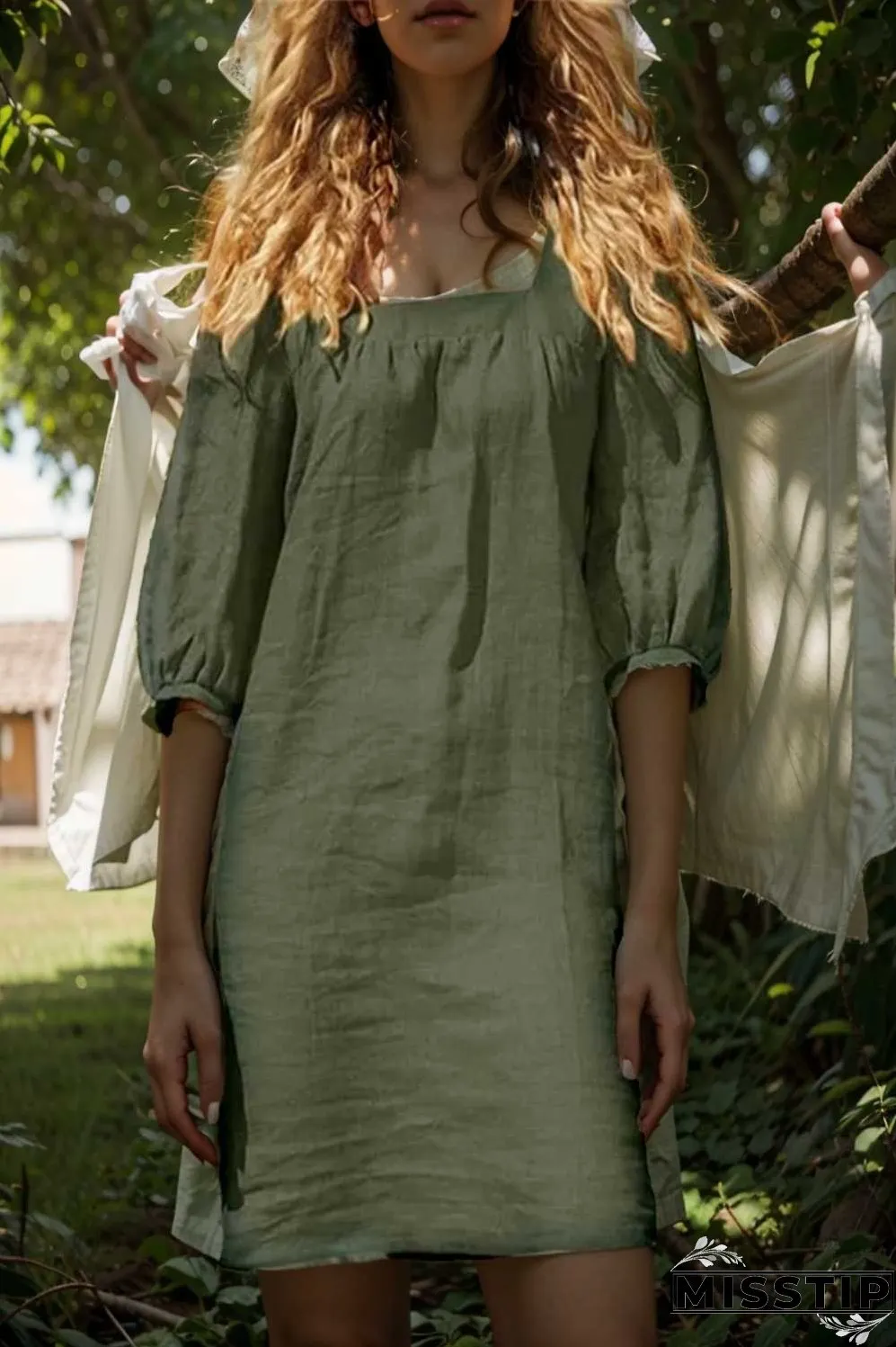 cotton linen loose casual half sleeve mini dress