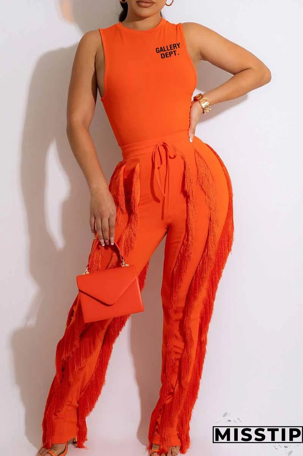 Green Street Print Tassel Letter O Neck Sleeveless Two Pieces