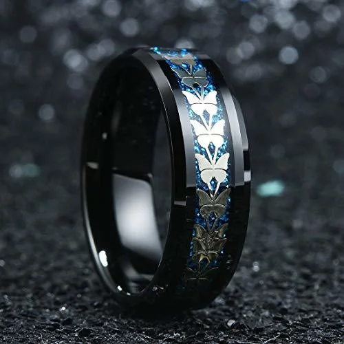 8MM Women's Or Men's Butterfly Tungsten Carbide Wedding Matching Rings with Butterflies over Blue Sandy Inlay