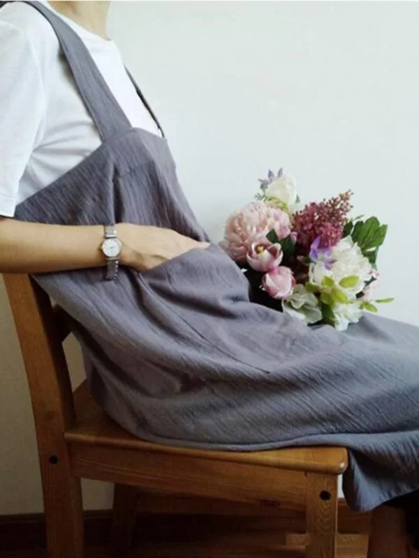 Cotton linen double pocket apron suspender skirt overalls-Mayoulove
