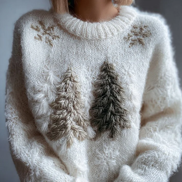 Fuzzy Christmas Tree Crew Neck Cozy Knit Sweater