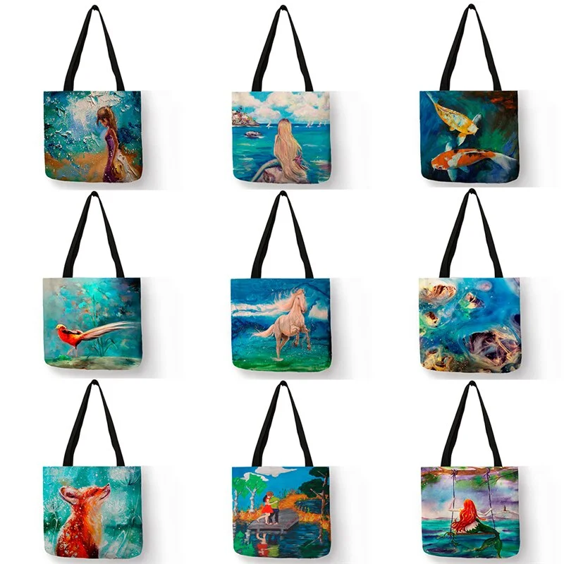 Customized Animal Print  Women Shoulder Bag Horse Fish Oil Painting Handbags Eco Reusable Shopper Bags Large Capacity SY0078