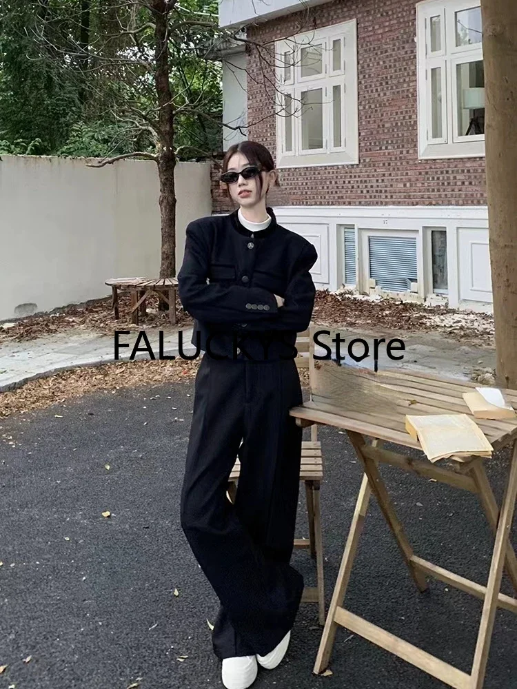 Aonga Black Two Piece Sets Women Outifits 2025 Autumn New Long Sleeve O Neck Cropped Blazer Coat + High Waisted Wide Leg Pant Suits aonga