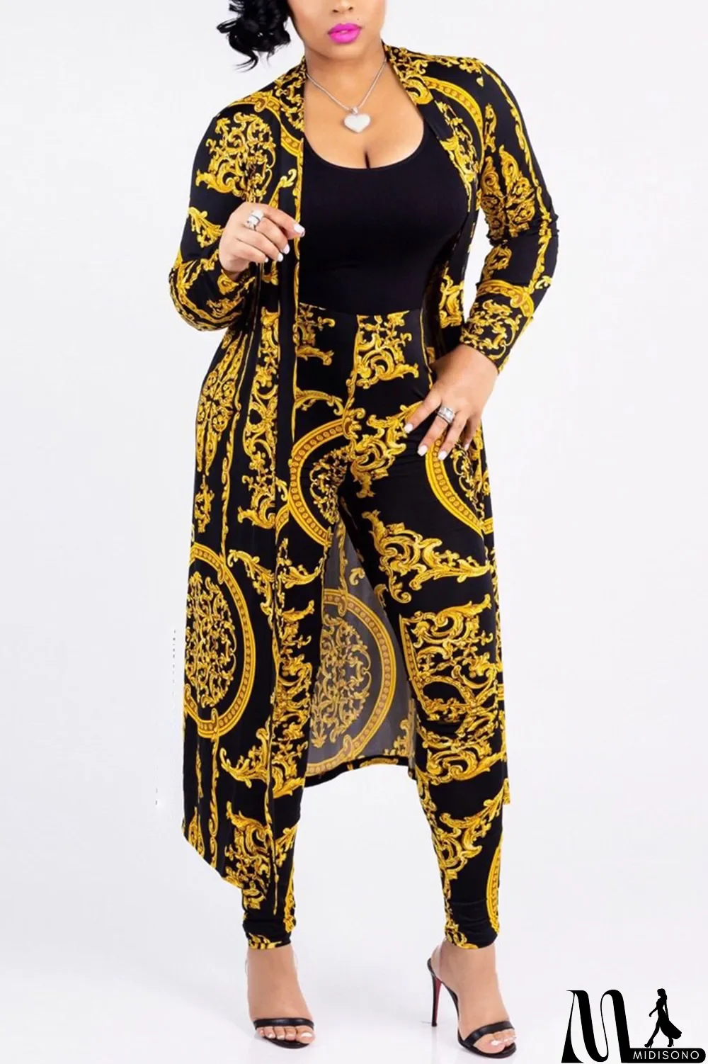 MidiSono - Gold Casual Printed Blending Two-piece Pants Set(Without T-shirt)
