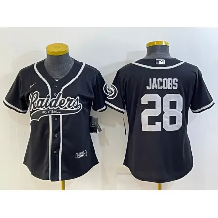 Women's Las Vegas Raiders #28 Josh Jacobs Black With Patch Cool Base Stitched Baseball Jersey(Run Small) T99D