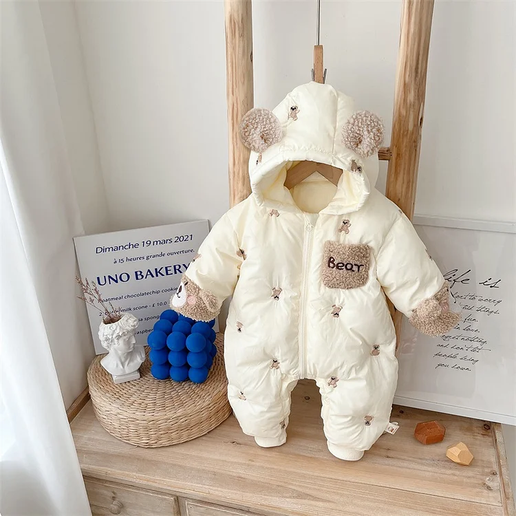 Baby Boy/Girl Bear Embroidery Long Sleeve Hooded Fluff Romper