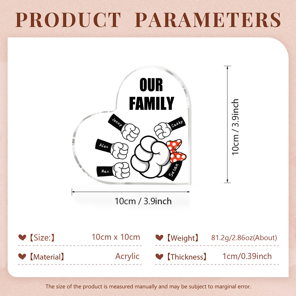 À ma Maman/Mamie - Plaque Acrylique en Forme de Cœur 5 Prénoms Personnalisés avec 1 Texte