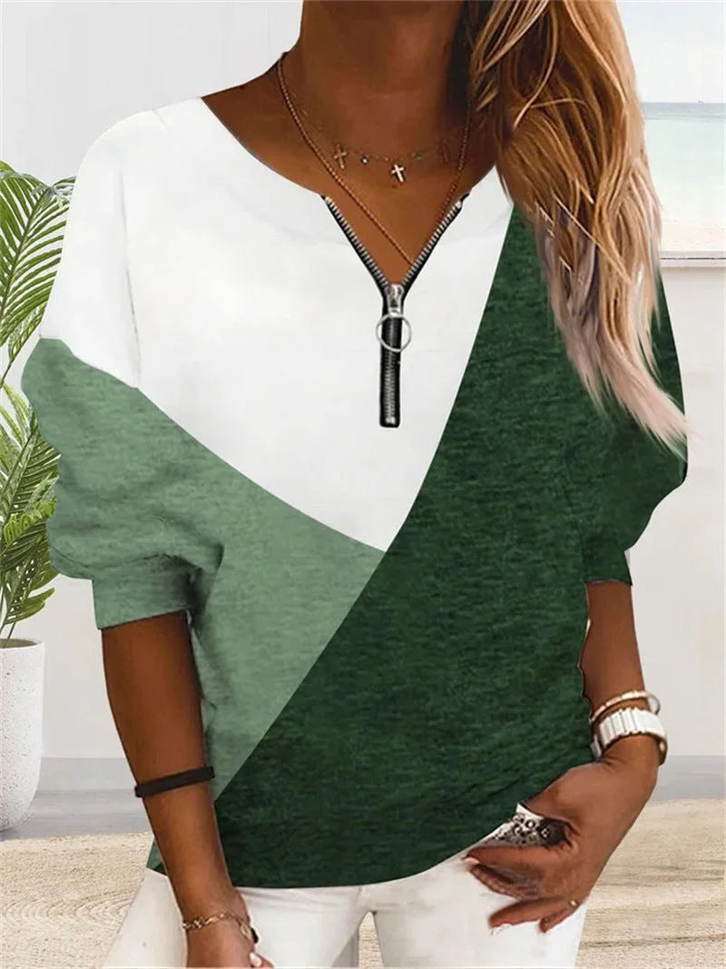 Uveng Multicolor Geometric Pattern Long-sleeve Zipper V-neck Sweatshirt