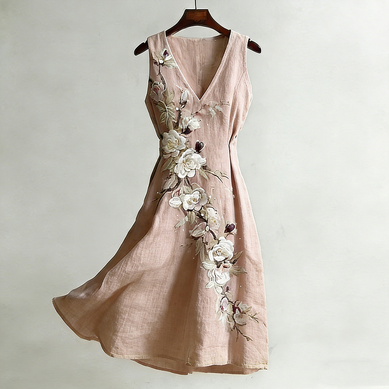 Women's Vintage Rose And Plum Blossom Pattern Casual Linen Blend Dress wearshes