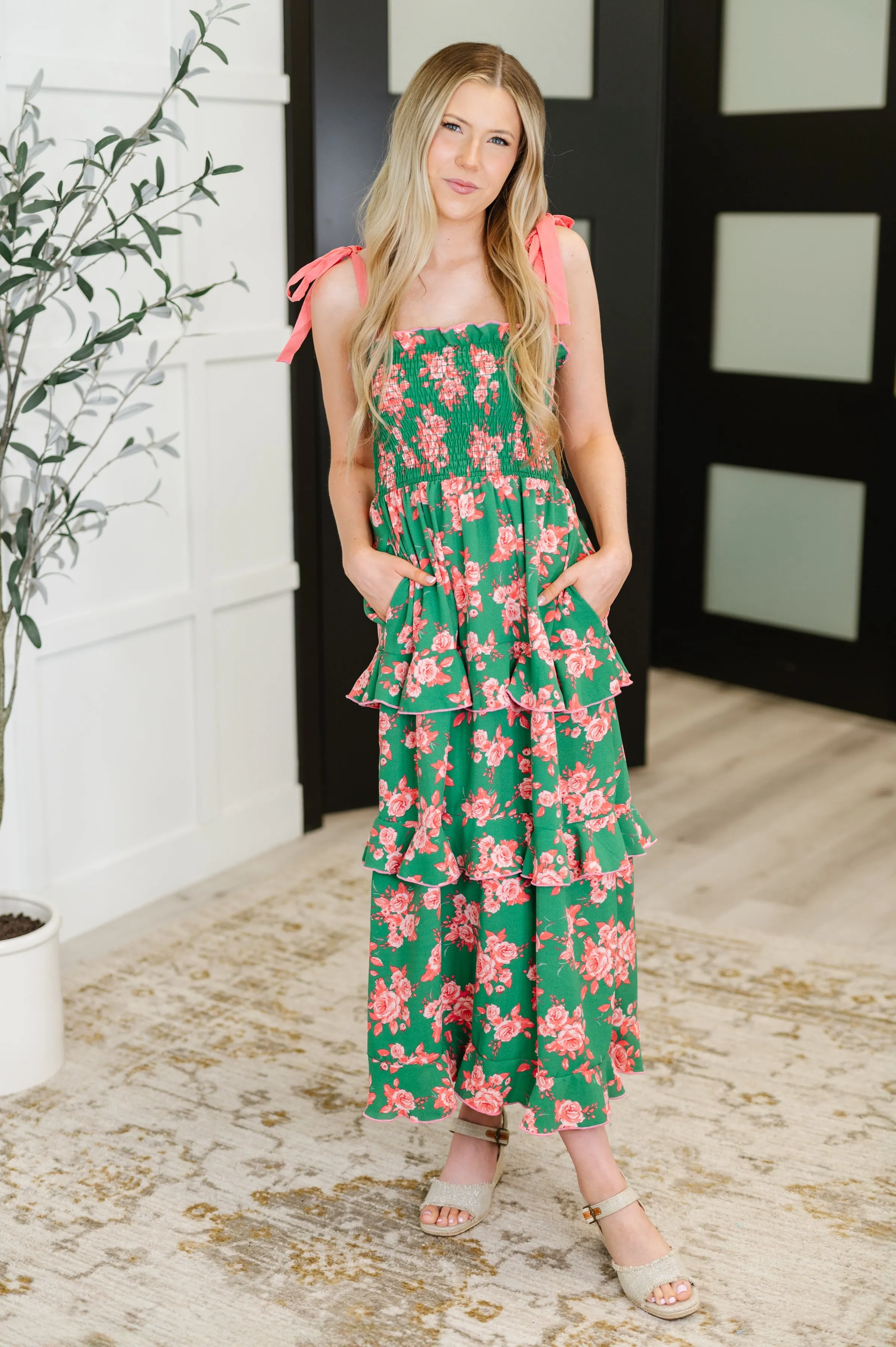 Low Effort, High Impact Tiered Dress in Green/Coral mysite idetrend