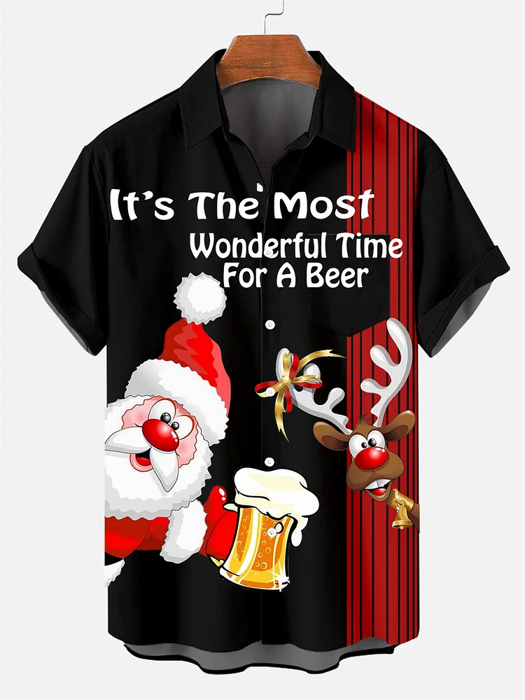 Men's Classic Christmas Character and Beer Print Shirt PLUSCLOTHESMAN
