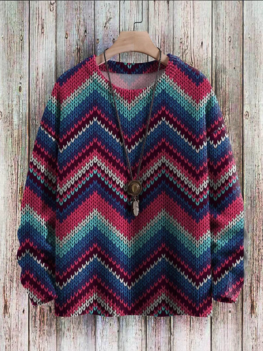 Multicolored Geometric Line Pattern Art Print Casual Knit Pullover Sweatshirt