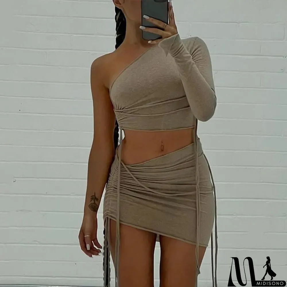 MidiSono - Women Fall One Shoulder Crop Top and Side Drawstring Skirt Two Piece Set