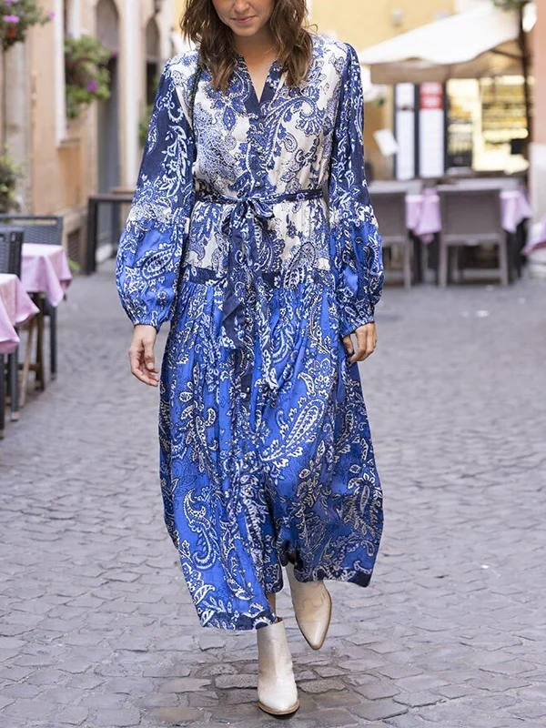 Vintage Printed Long Sleeve Lace Up Midi Dress