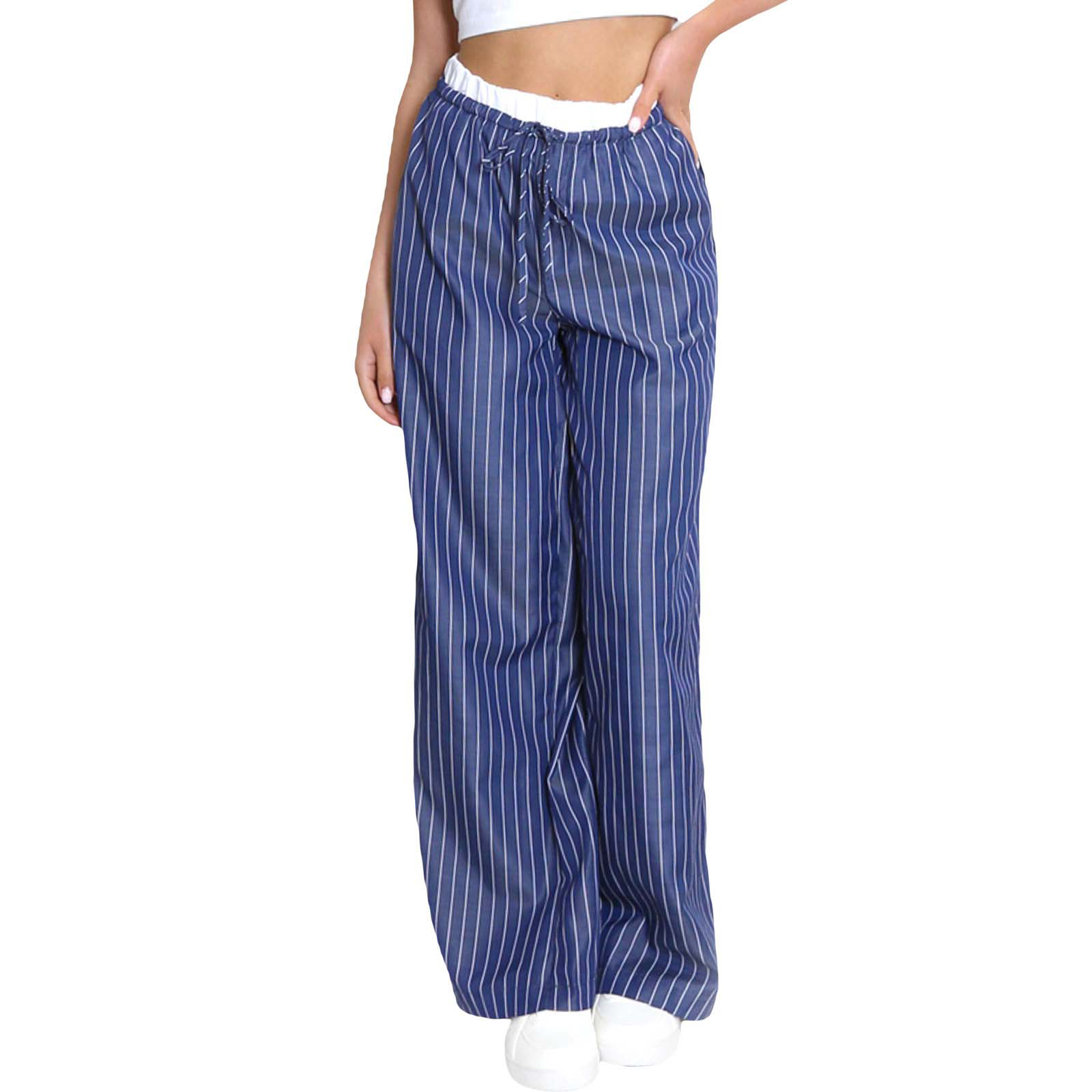 Marzikers fall outfits women set Combhasaki Women's Y2K Striped Fake Two-Piece Double Waist Long Pants Drawstring High Waist Straight Leg Trousers with Pockets