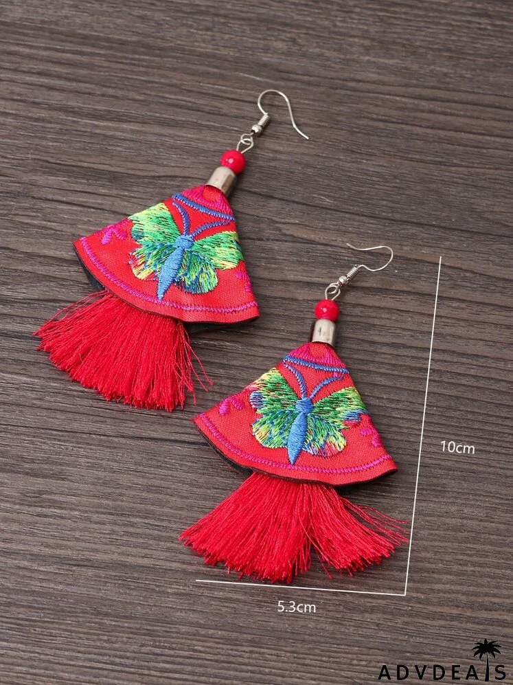 Butterfly Embroidered Tassel Drop Earrings