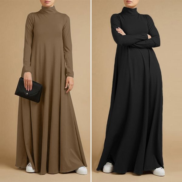ZANZEA Women A-Line High Neck Dress Kaftan Abaya Plus Size Long Maxi Dress - BlackFridayBuys