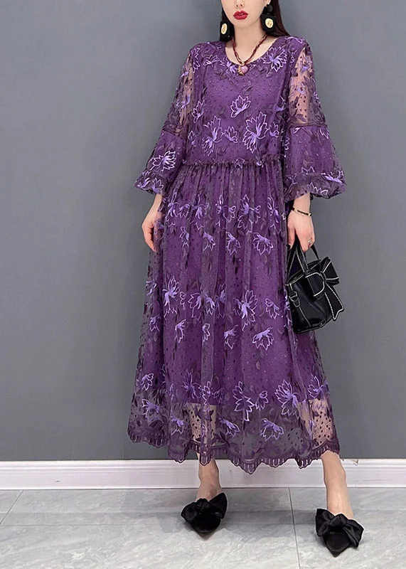 5.5Sexy Purple O-Neck Ruffled Print Lace Long Dress lantern sleeve