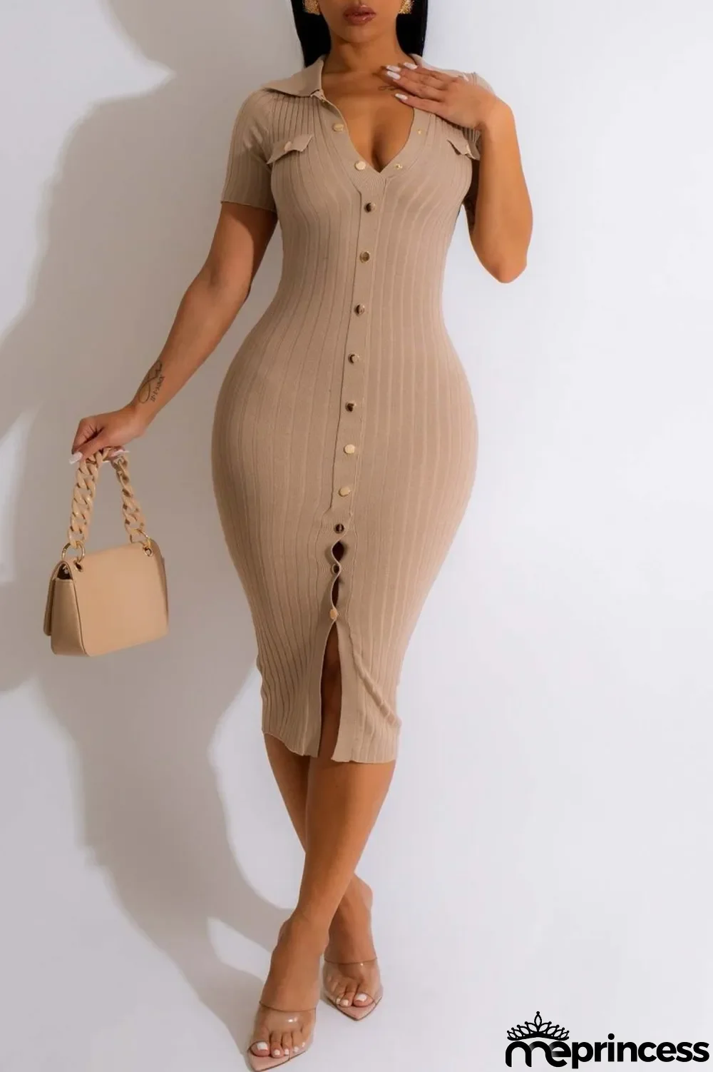 Khaki Casual Solid Patchwork Turndown Collar Short Sleeve Dress