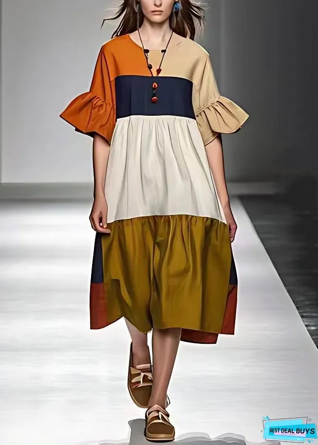 New Colorblock Wrinkled Patchwork Cotton Dresses Half Sleeve