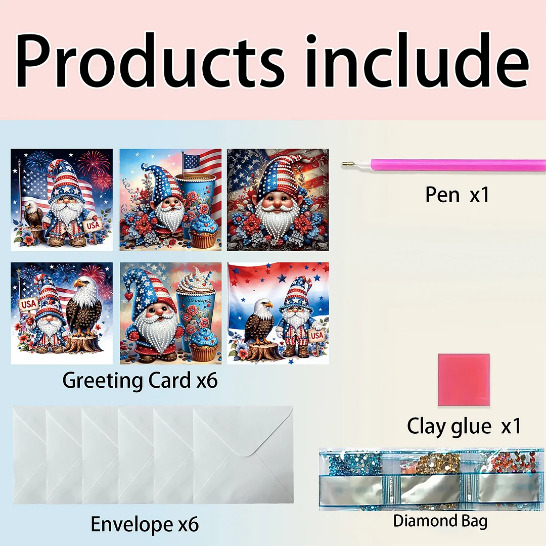6pcs Independence Day Goblin DIY Diamond Painting Kit Greeting Card with Envelope Diamond Art Painting Greeting Cards for Family Friends Holiday Gift Congratulations