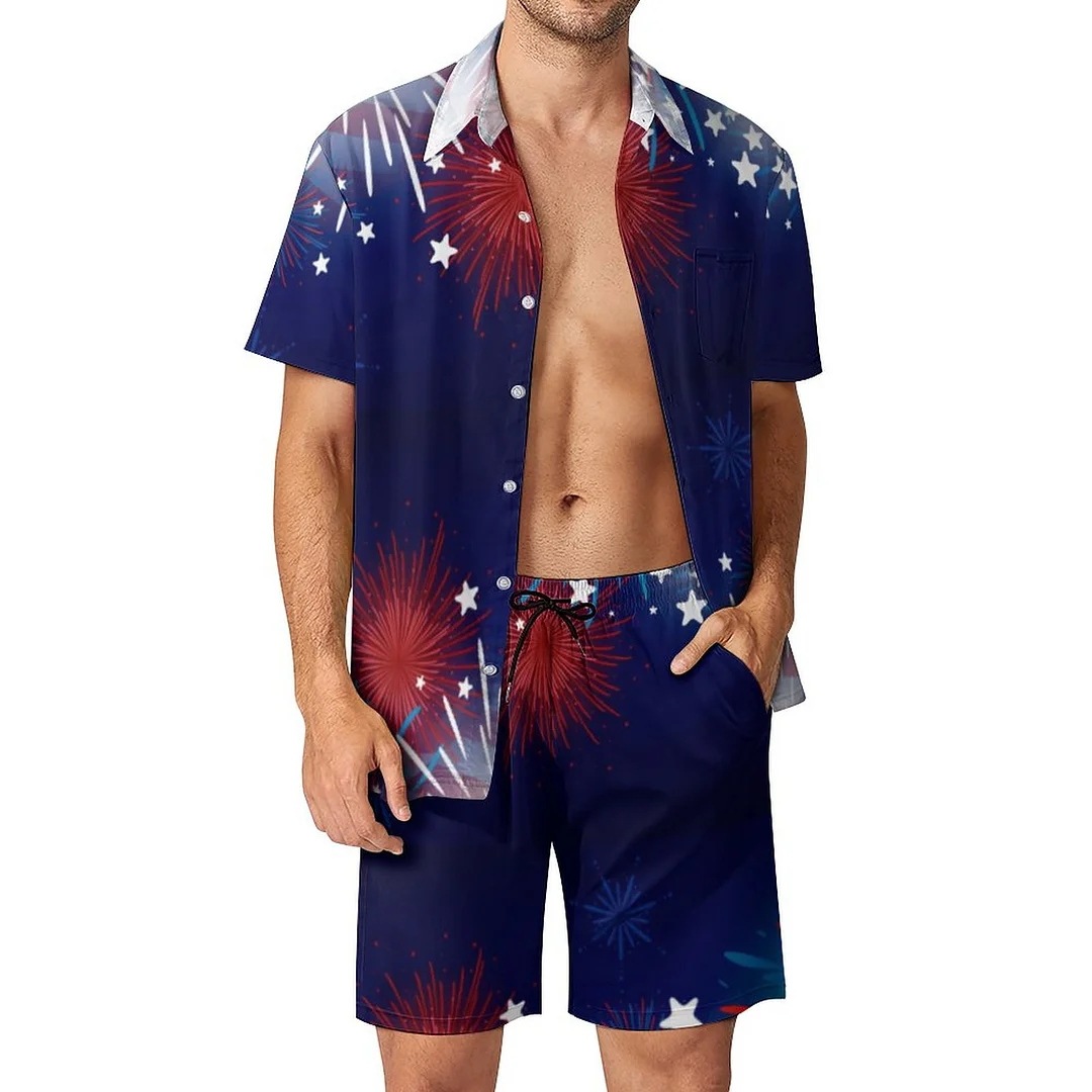 4Th Of July Fireworks Sparklers Red White Blue Men Hawaiian Button Down 2 Piece Shirt Shorts Set Beach Tropical Hawaii Suits