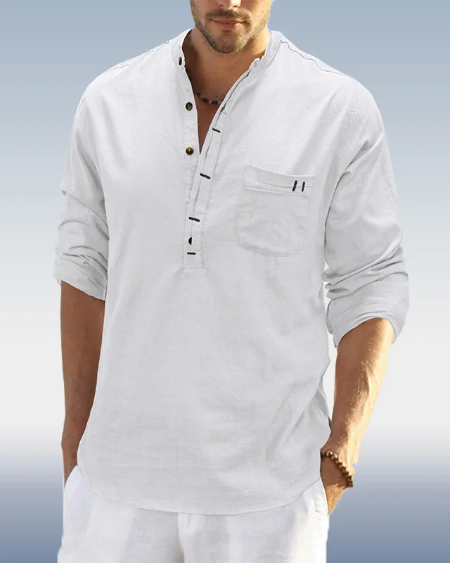 Suitmens Men's Cotton Linen Long Sleeve Shirt With Pockets 0193