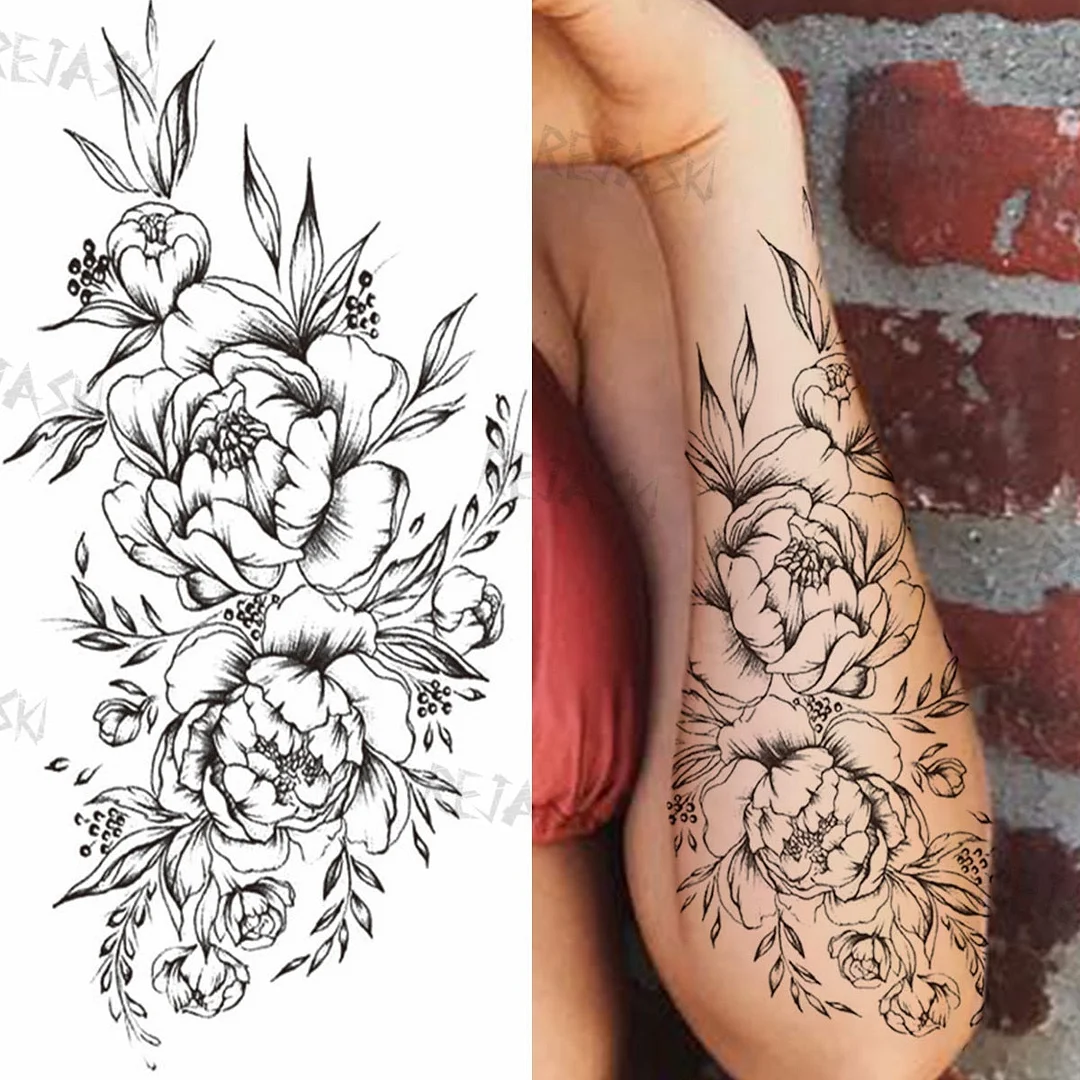 Sexy Snake Flower Fake Temporary Tattoo For Women Black Sunflower Tattoos Bloosom Big Daisy Camellia Water Transfer Tatoos Legs