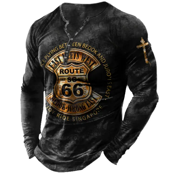 BrosWear Men's Vintage Route 66 Print Henley Collar T Shirt