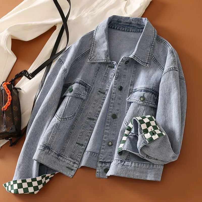 Toloer Toloer 2024 New Korean Version Denim Jacket Women's Versatile Fashion Fashion Splicing Plaid Jacket Jacket Women Fashion-Outfit Ideas