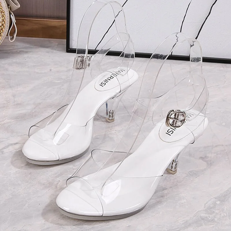 Qengg Summer Walk Show Model High Heels Women Sandals Sexy Transparent Crystal Party Ladies Shoes Wedding Bridal Shoes Silver Big Size