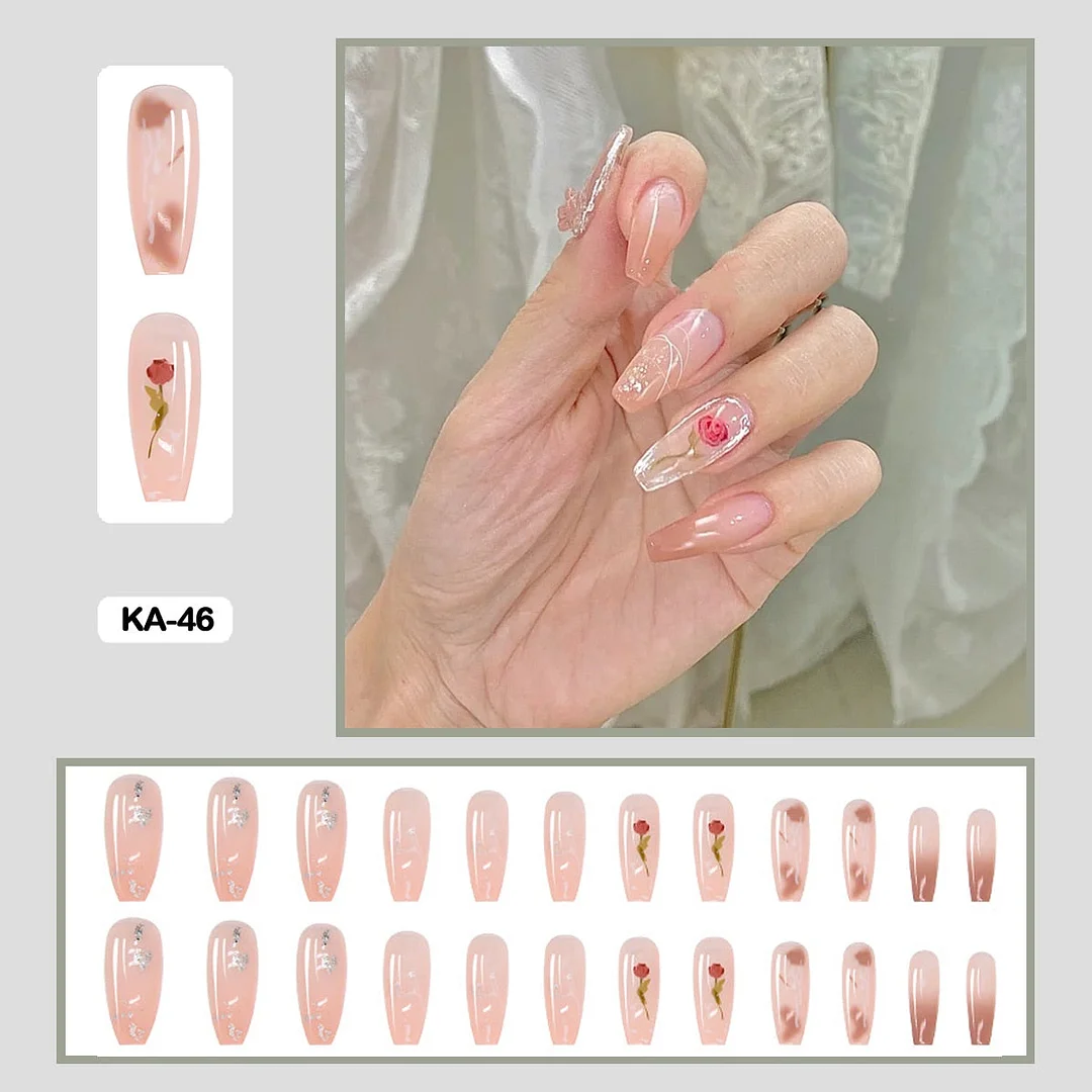 24pcs/box Lovely Cute Flower Fairy Style Fake Nails  Full Cover Nails Long Nail With Glue  Presson Nails Packaging Wearable Nail-Nail Inspo