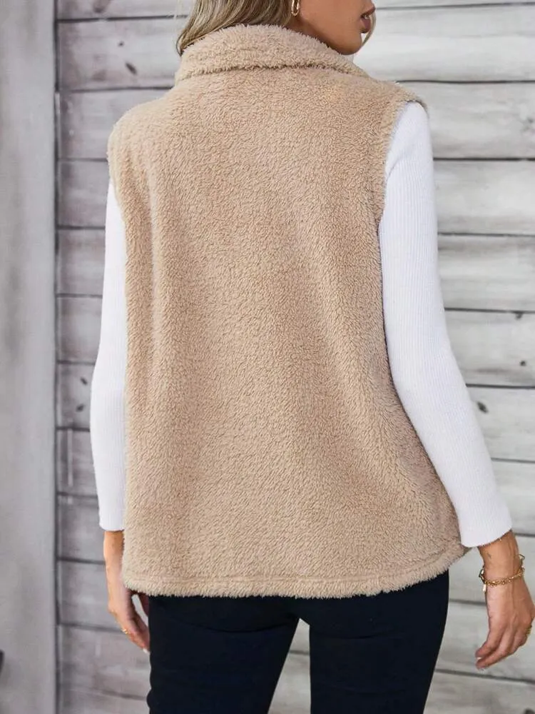 Women's Casual Solid Color Stand Collar Sleeveless Fluffy Jacket, Autumn/Winter