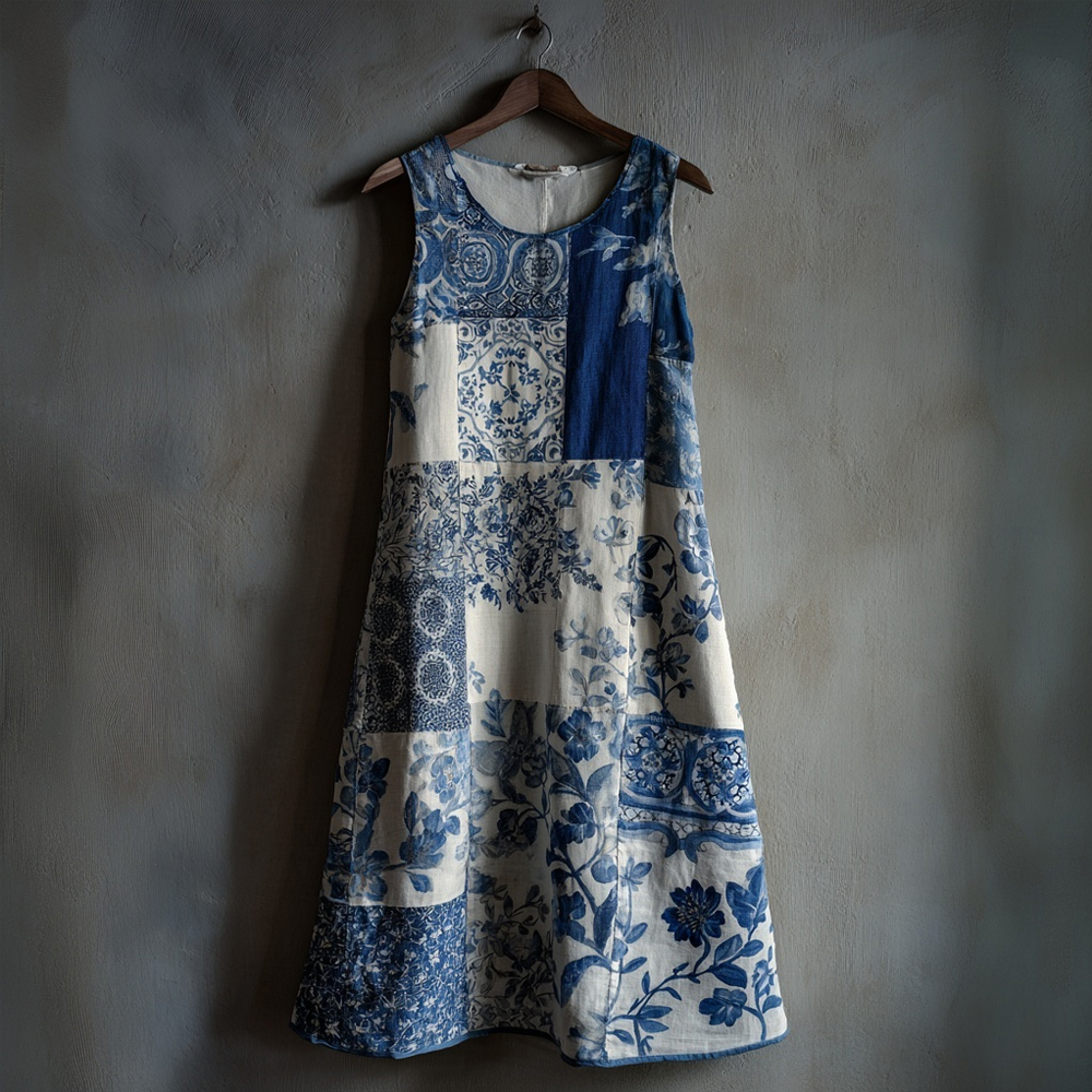 Vintage Floral Art Patchwork Pattern Linen Tank Dress wearshes