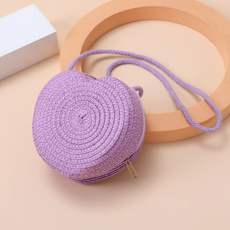 Kid’S Straw Heart Shape Cute Heart-shaped Zipper Shoulder Bag