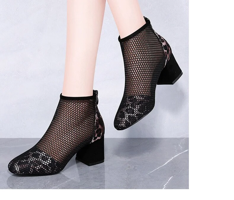 Qengg New European and American Mesh Leopard Print Breathable Mesh Boots with Heels Women Thick Heel Square Back Zipper