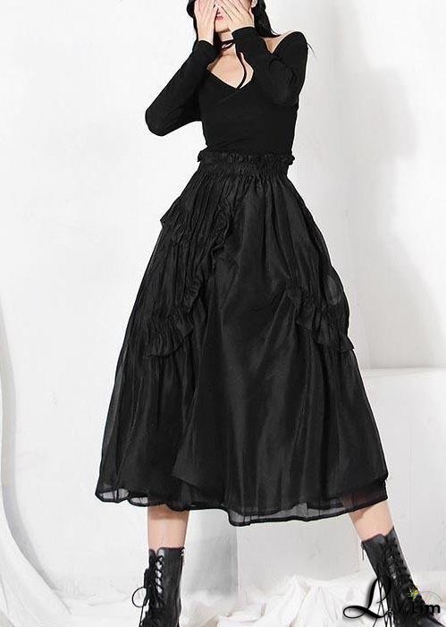 DIY Black Cinched Patchwork A Line Skirt Summer