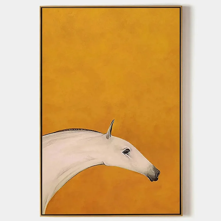 WHITE HORSE ON YELLOW: Minimalist Horse Painting, Vertical Wall Art（Canvas painting）