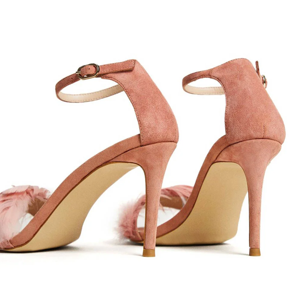 Pink Feathers Buckle Ankle Strap Stiletto Heel Dress Sandals for Women