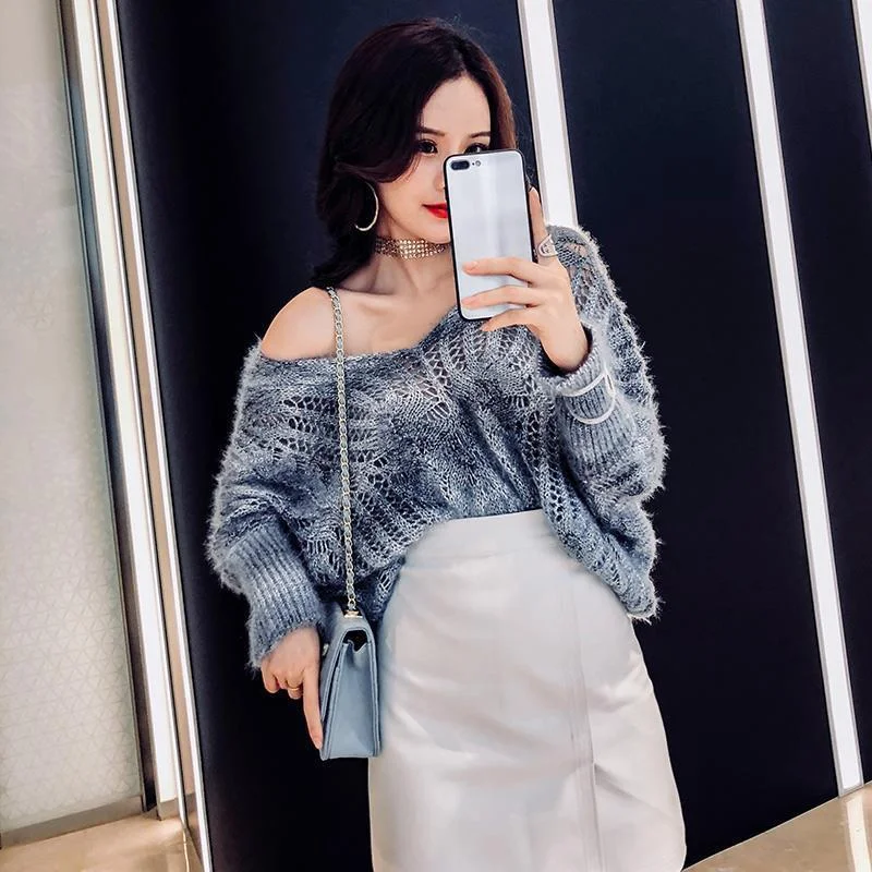 Lady Fashion V-neck Mesh Hollowed Out See-through Pullover Sweater Tshirts Women Sexy Tops Female Girls Casual Knitted T-shirt 2