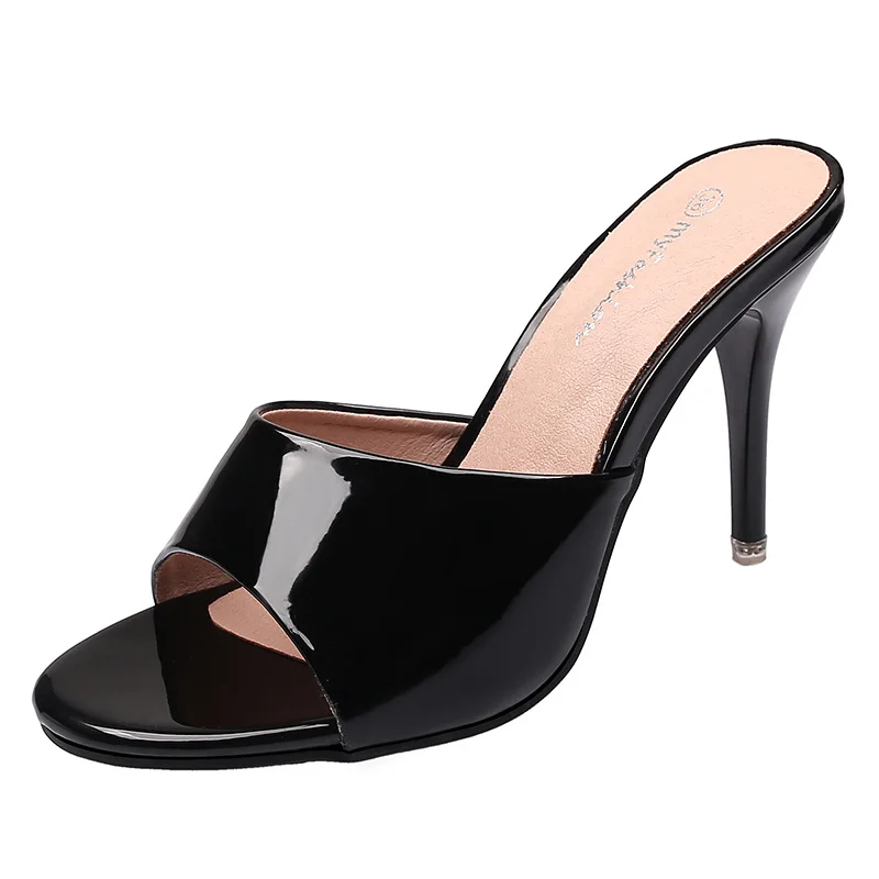 Wongn Wongn New Women's Shoes Fine High Heel Patent Leather One-Word Slippers Wear Simple Sandals