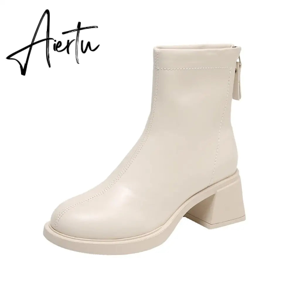Fashion Short Boots Women's Autumn and Winter New Round Head Zipper Thick Heel Leather Boots High Heel Botines Chelsea Aiertu