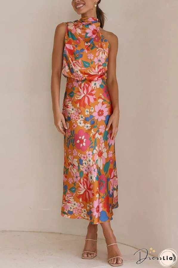 Fascinating Day Floral Halter Neck Elastic Waist Maxi Dress