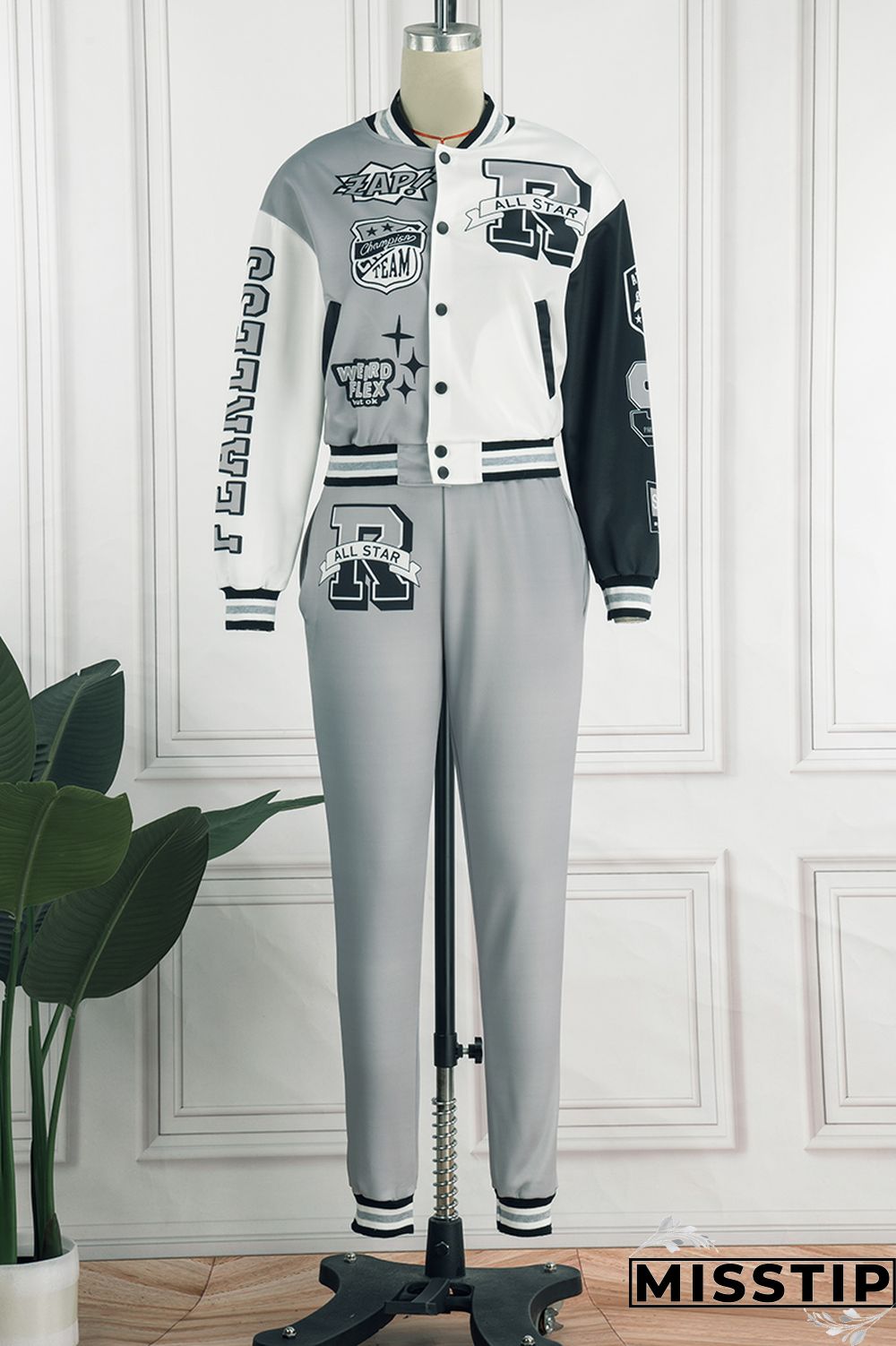 Green Casual Letter Print Patchwork Cardigan O Neck Long Sleeve Two Pieces