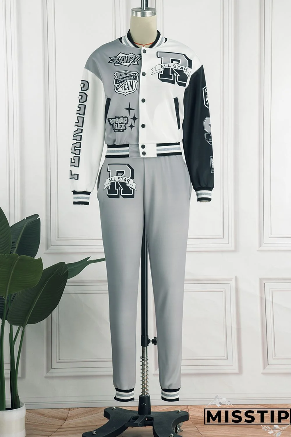 Green Casual Letter Print Patchwork Cardigan O Neck Long Sleeve Two Pieces