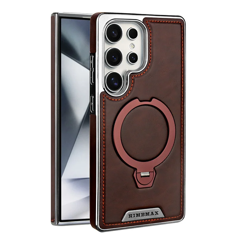 Samsung S25Ultra mobile phone case 360 ​​degree rotating magnetic bracket high-end leather grain