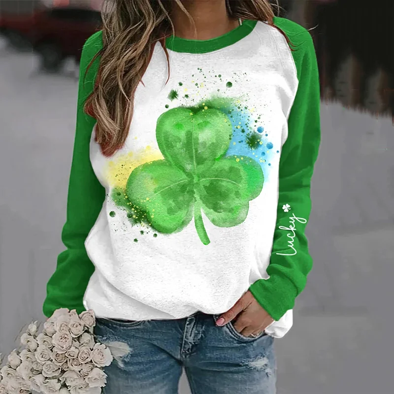 Watercolor Shamrock Print Long Sleeve Sweatshirt