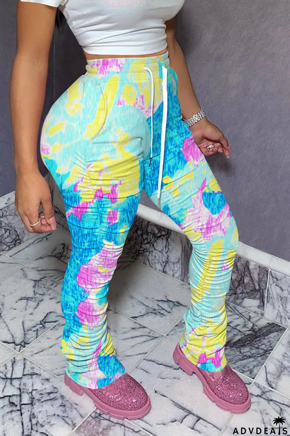 Green colour Polyester Drawstring Sleeveless High Patchwork Print bandage Draped pencil Pants Bottoms