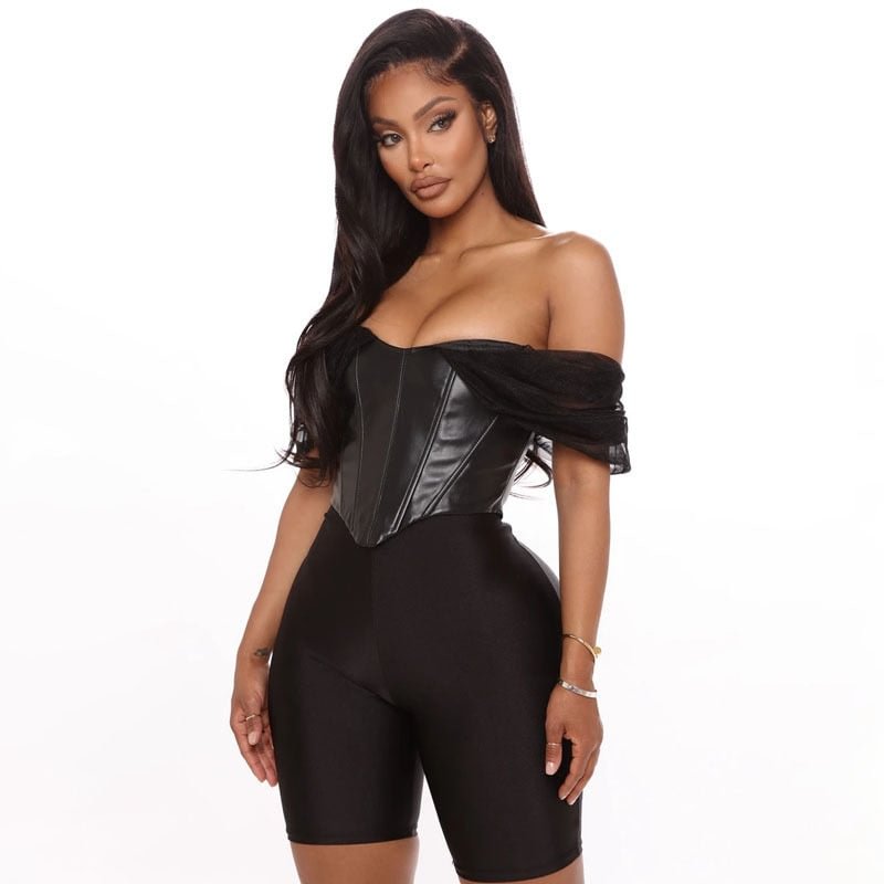 Cryptographic PU leather Sexy Bustier Corset Top Off Shoulder Chiffon White Strapless Female Top Cropped Tops Women Clothes